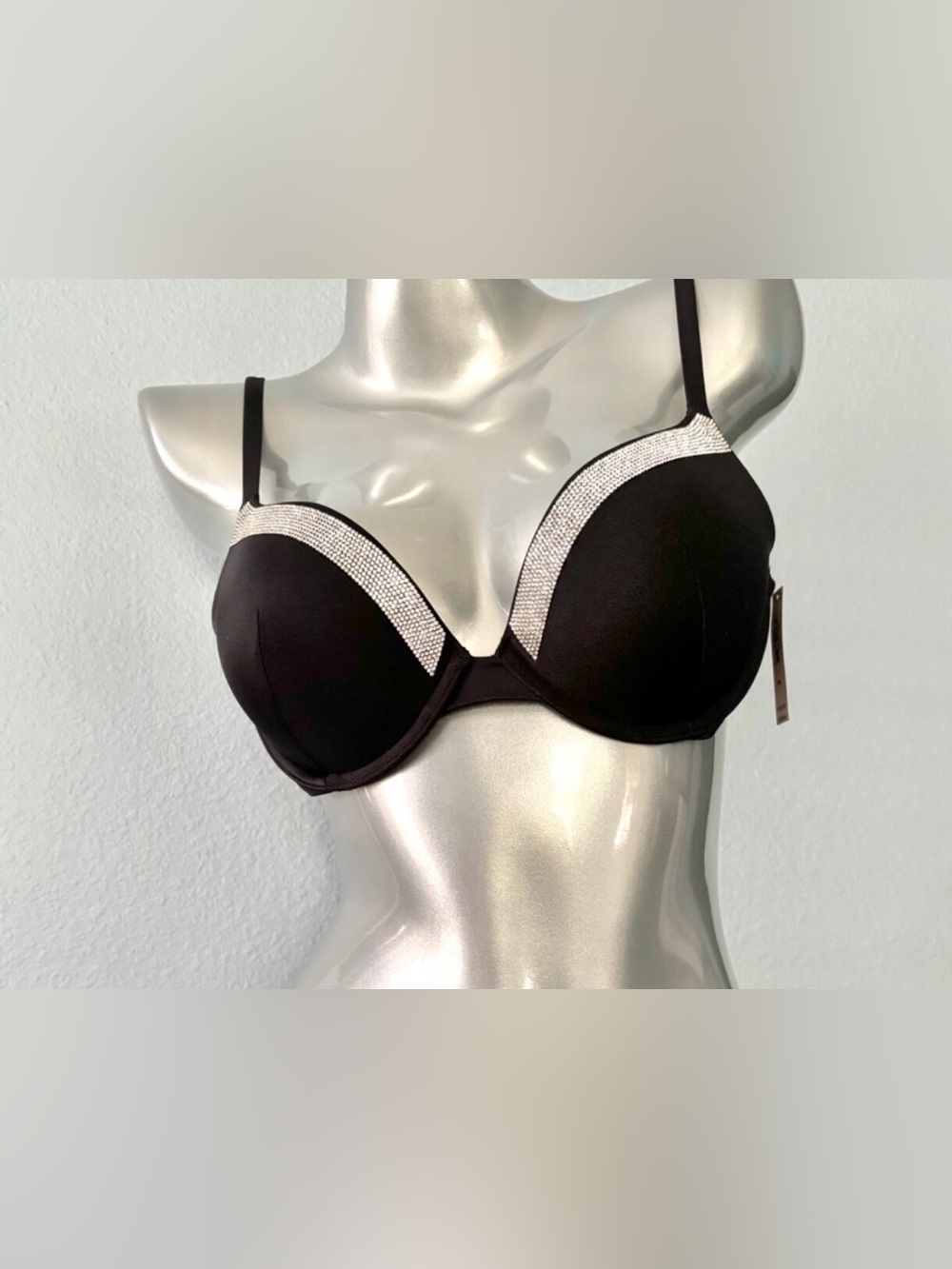 Victorias‎ Secret Bikini Top Black Plunge with Silver Trim 34DD - Picture 2 of 5